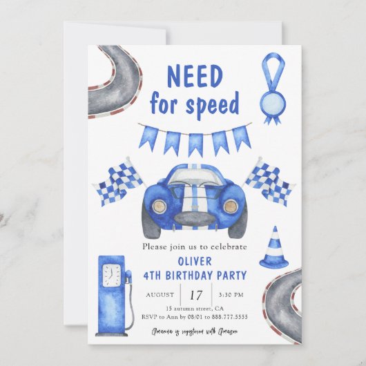 レース車の必要性スピード4th誕生日パーティー 招待状 (正面)
