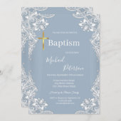レース金ゴールドクロスバプテスダスティブルー 招待状 (正面/裏面)