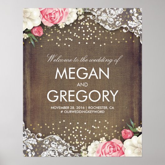 レース金ゴールドバーラップと花結婚の歓迎サイン ポスター (正面)