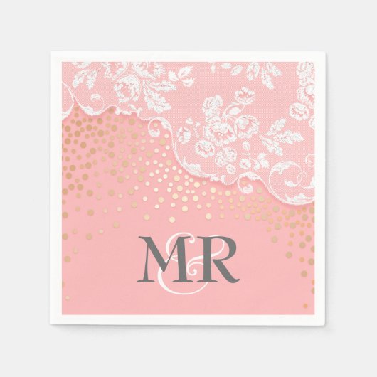 レース金ゴールド紙吹雪ピンクビンテージウェディング スタンダードカクテルナプキン (正面)