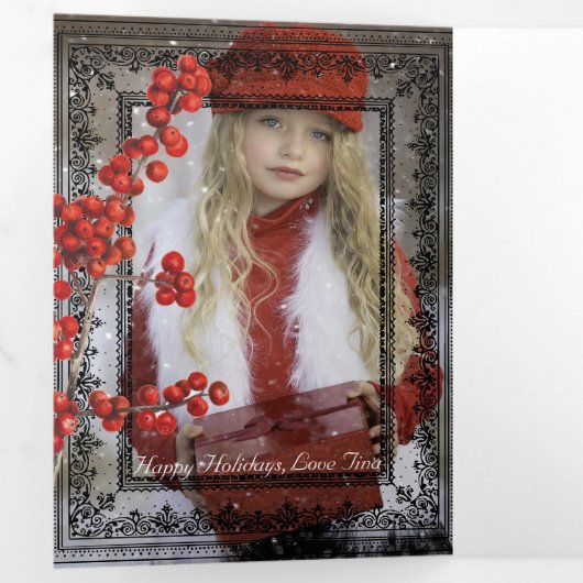 レース黒縁ど赤パーソナライズされた白 三つ折りクリスマスカード (内部最初)