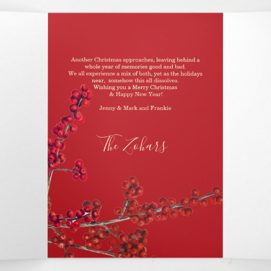 レース黒縁ど赤パーソナライズされた白 三つ折りクリスマスカード (内部中)