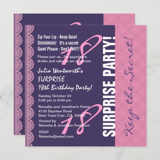 レース10代のL6ZBで彼女のための18番目のサプライズ誕生日 招待状 (正面/裏面)