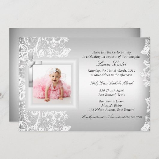 レース&かわいらしクロスシルバーバプテスマ/《キリスト教》洗礼式や命名式 招待状 (正面/裏面)