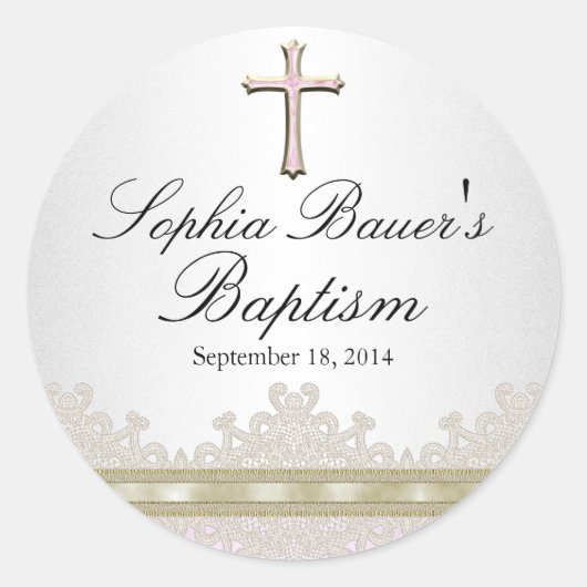 レース&かわいらしクロスバプティスステッカー ラウンドシール (正面)