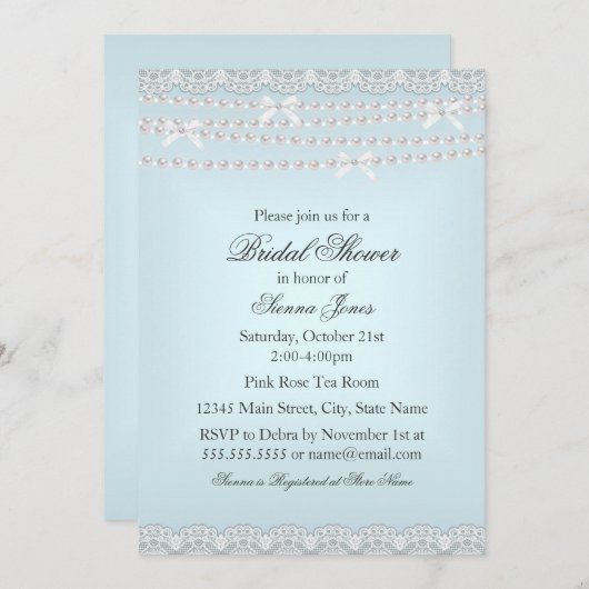 レース&かわいらしパールブルーブライダルシャワー招待 招待状 (正面/裏面)