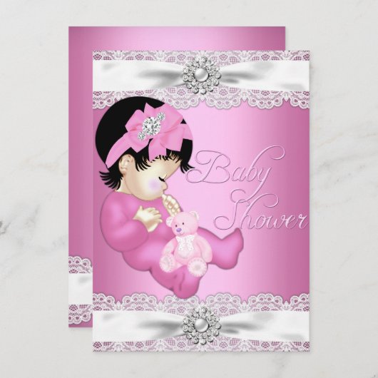 レース&かわいらしベビーガールピンクベビーシャワー招待状 招待状 (正面/裏面)