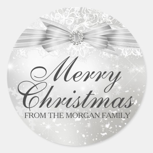 レース&かわいらしボウシルバークリスマスホリデーステッカー ラウンドシール (正面)