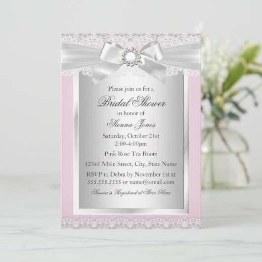レース&かわいらしボーピンクブライダルシャワー招待 招待状 (スタンド正面)