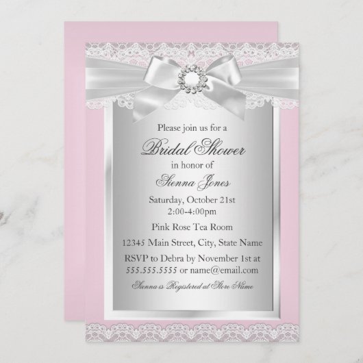 レース&かわいらしボーピンクブライダルシャワー招待 招待状 (正面/裏面)