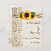 レース、ひまわりの花とバーラップの結婚式の日付を保存 案内ポストカード (正面/裏面)