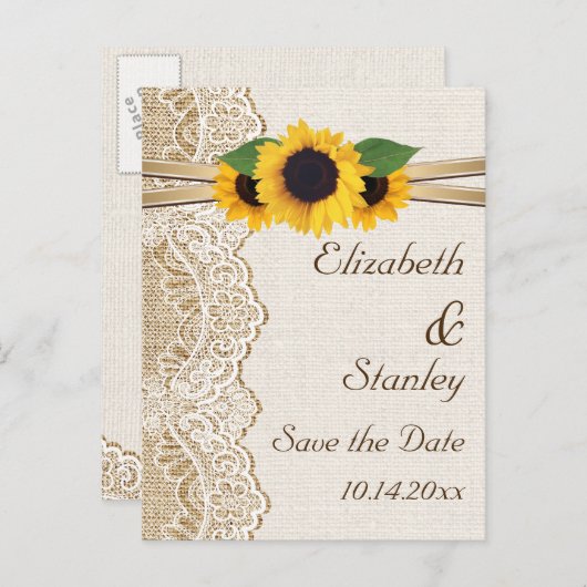 レース、ひまわりの花とバーラップの結婚式の日付を保存 案内ポストカード (正面/裏面)