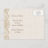 レース、ひまわりの花とバーラップの結婚式の日付を保存 案内ポストカード (裏面)