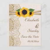 レース、ひまわりの花とバーラップの結婚式の日付を保存 案内ポストカード (正面)