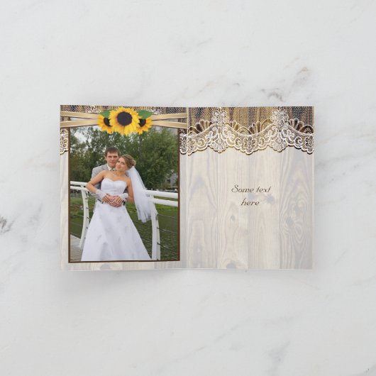 レース、ひまわり、木材のウェディング サンクスノート サンキューカード (内部)