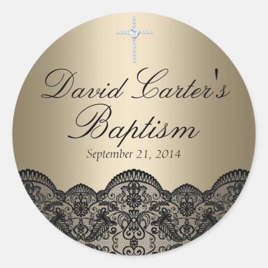 レース&クロスかわいらし金ゴールドバプテスステッカー ラウンドシール (正面)