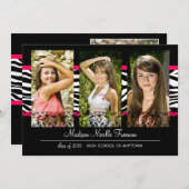 レース&ゼブラエレガントピンク写真の卒業式 招待状 (正面/裏面)