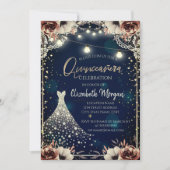 レース、ダイアモンズドレスダークブルーフローラキンセアニラ 招待状 (正面)