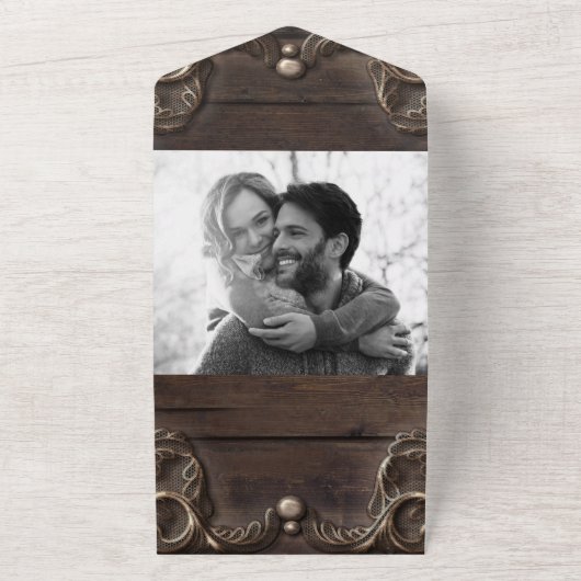 レース&ダークウッド素朴ヴィンテージウェスタン結婚ズ オールインワン招待状 (外側)