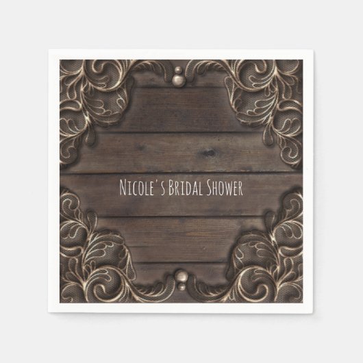 レース&ダークウッド素朴ヴィンテージウェスタン結婚ズ スタンダードカクテルナプキン (正面)