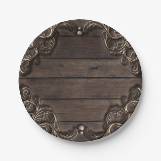 レース&ダークウッド素朴ヴィンテージウェスタン結婚ズ ペーパープレート (正面)