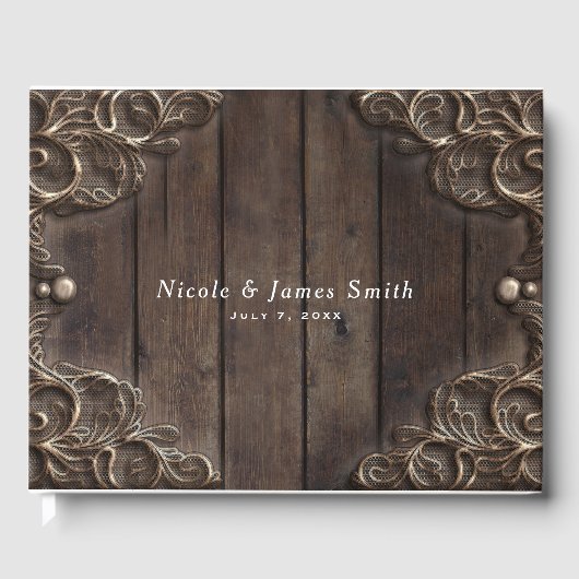 レース&ダークウッド西素朴ヴィンテージウェディング ゲストブック (正面)