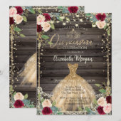 レース ティアラ ドレス バラの暗い木製のQuinceañera 招待状 (正面/裏面)