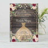 レース ティアラ ドレス バラの暗い木製のQuinceañera 招待状 (スタンド正面)