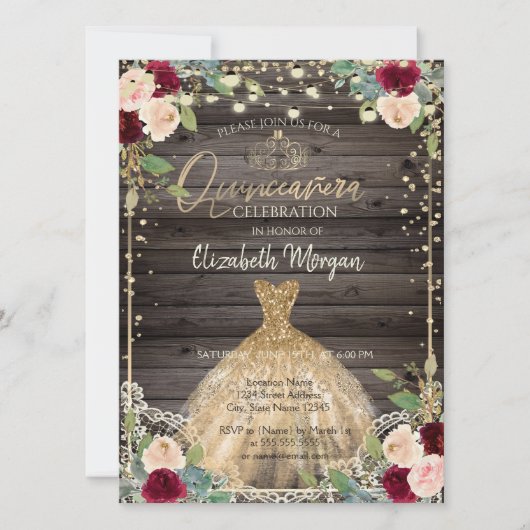 レース ティアラ ドレス バラの暗い木製のQuinceañera 招待状 (正面)