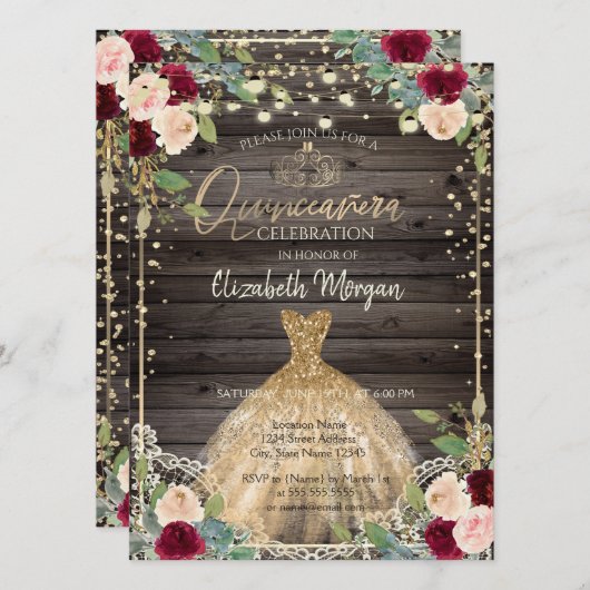 レース、ティアラ、ドレス、バラダークウッドキンセアニラ 招待状 (正面/裏面)