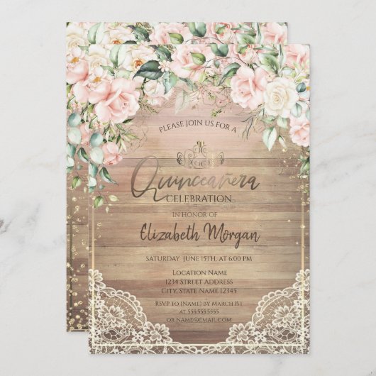 レース、ティアラ、ライト、ウッドピンクローズキンセアニラ 招待状 (正面/裏面)