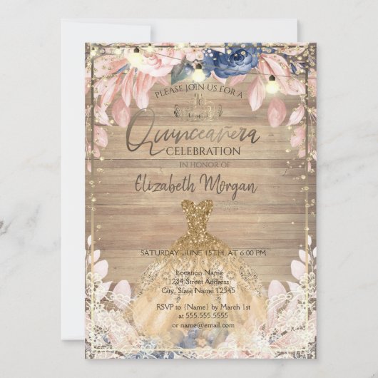 レース、ティアラ、ライト、ドレスウッドフラワーカークインセアニラ 招待状 (正面)