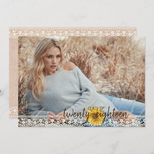 レース&バ素朴ーラップひまわり卒業カード 招待状 (正面/裏面)