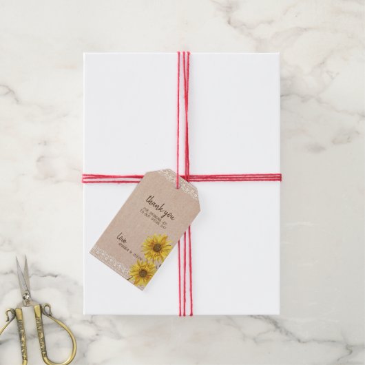 レース&バ素朴ーラップひまわり結婚の贈り物ラベル ギフトタグ (より糸付き)