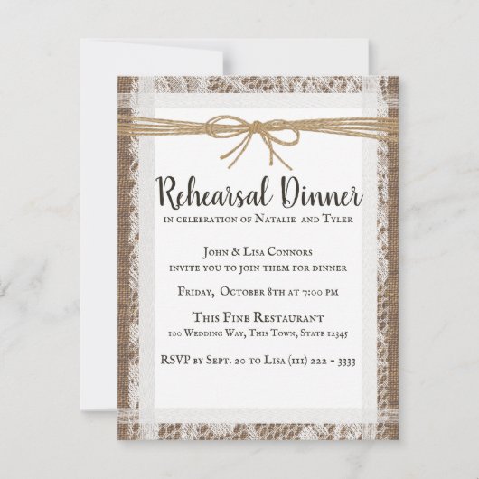 レース&バ素朴ーラップリハーサルディナー招待状 出欠カード (正面)