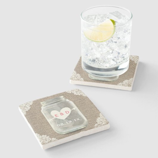 レース&バ素朴ーラップ・メイソン・ジャー結婚ズ ストーンコースター (横)