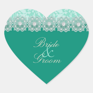 レース&パールアクアマリン結婚式用シール ハートシール