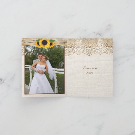 レース、ヒマワリおよびバーラップの結婚式は感謝していしています サンキューカード (内部)