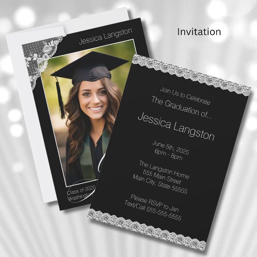 レース&ブラックフォト卒業パーティー招待状 招待状