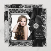 レース&ボウシルバーブラックキンセアニェラパーティー招待状 招待状 (正面/裏面)