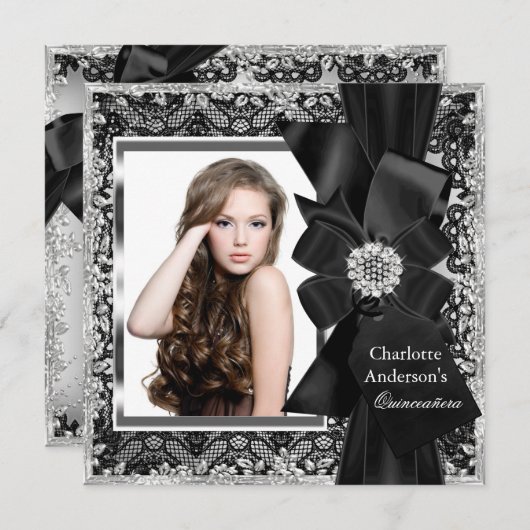 レース&ボウシルバーブラックキンセアニェラパーティー招待状 招待状 (正面/裏面)