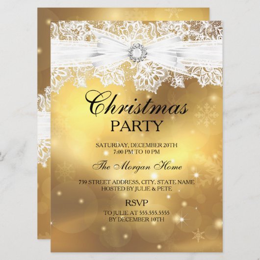 レース&ボーかわいらし金ゴールドクリスマスホリデー招待状 招待状 (正面/裏面)