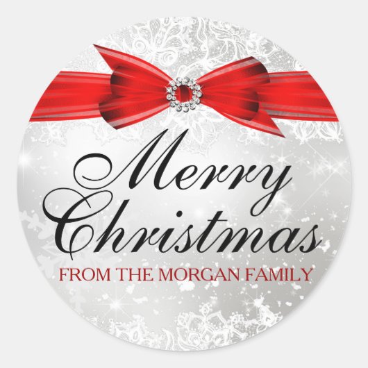 レース&ボーシルバーレッドクリスマスホリデーステッカー ラウンドシール (正面)
