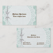 レース&ミントグリーン色のバーラップと白いドリー 名刺 (正面/裏面)