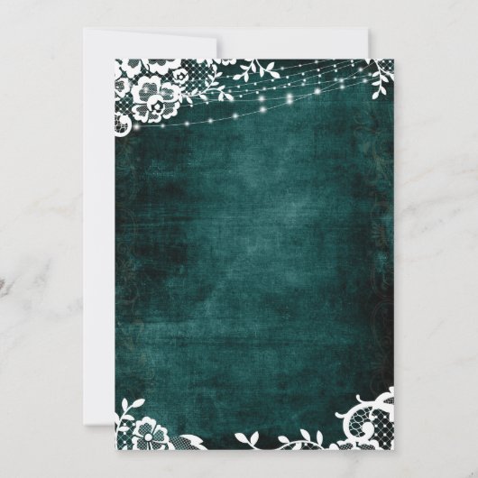 レース、ライト、フローラをティール(緑がかった色)祝上に配置 招待状 (裏面)