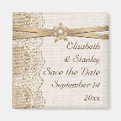 レース、リボンの花とバーラップの結婚式日付を保存 マグネット (正面)