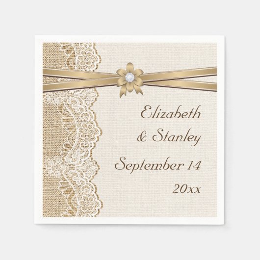 レース、リボンの花とバーラップ結婚の スタンダードカクテルナプキン (正面)