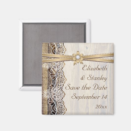 レース、リボンの花と木の結婚式の日付を保存 マグネット (正面/裏面)