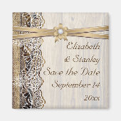 レース、リボンの花と木の結婚式の日付を保存 マグネット (正面)