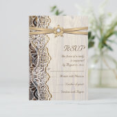 レース、リボンフラワー&ウッド結婚式RSVP応答 出欠カード (スタンド正面)